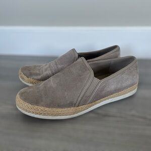 Vince Suede Gray Slip On Flats Embroidered with Woven Straw - Size 6